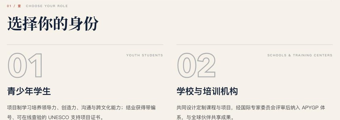 Choose your role: 01 youth students, 02 schools and training centers