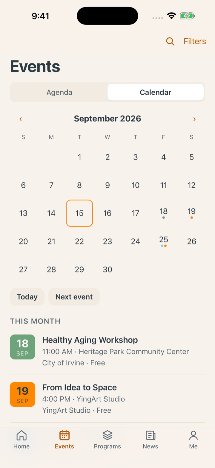 Kindness Network for iPhone: calendar view with event dots