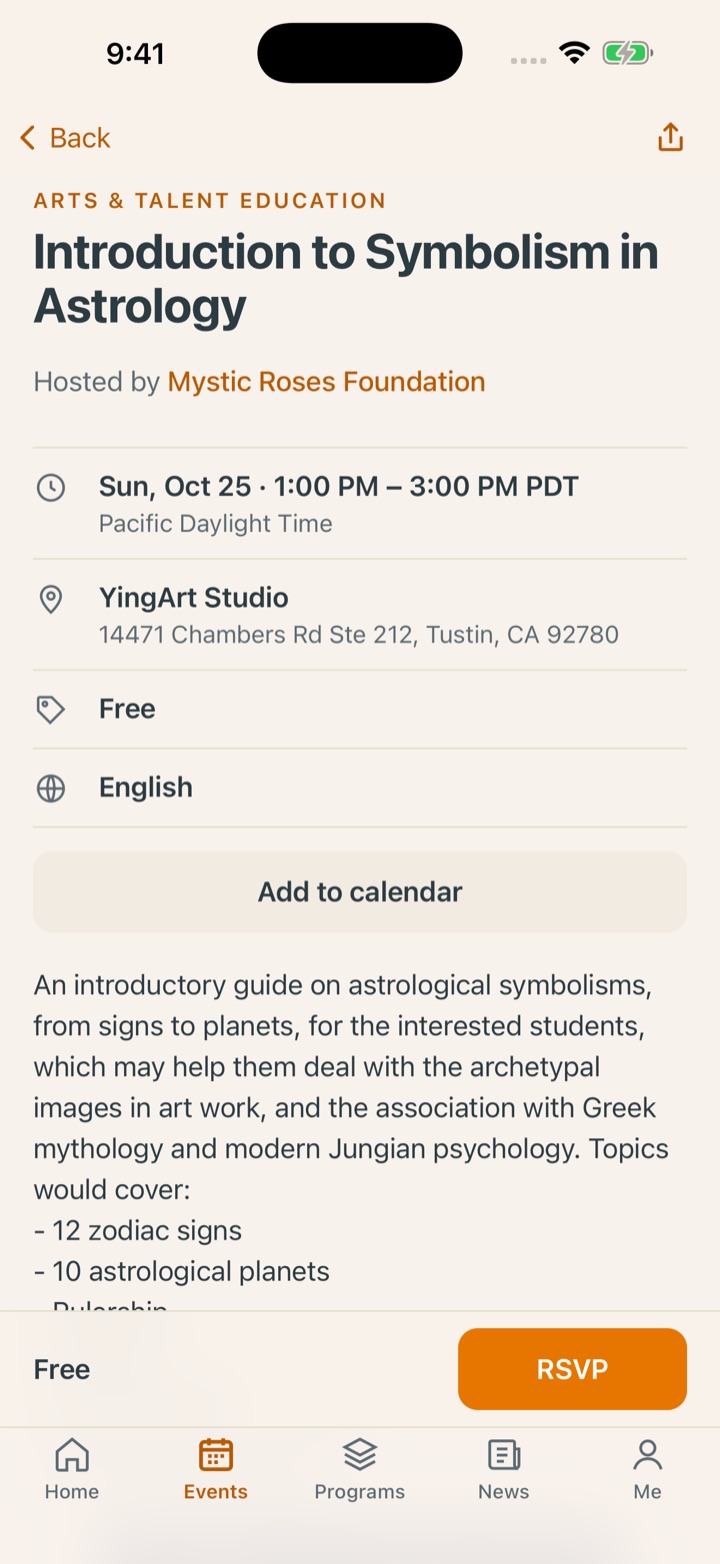 Kindness Network for iPhone: event detail with the RSVP bar