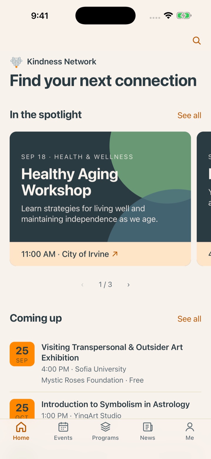 Kindness Network for iPhone: Home tab with the spotlight carousel