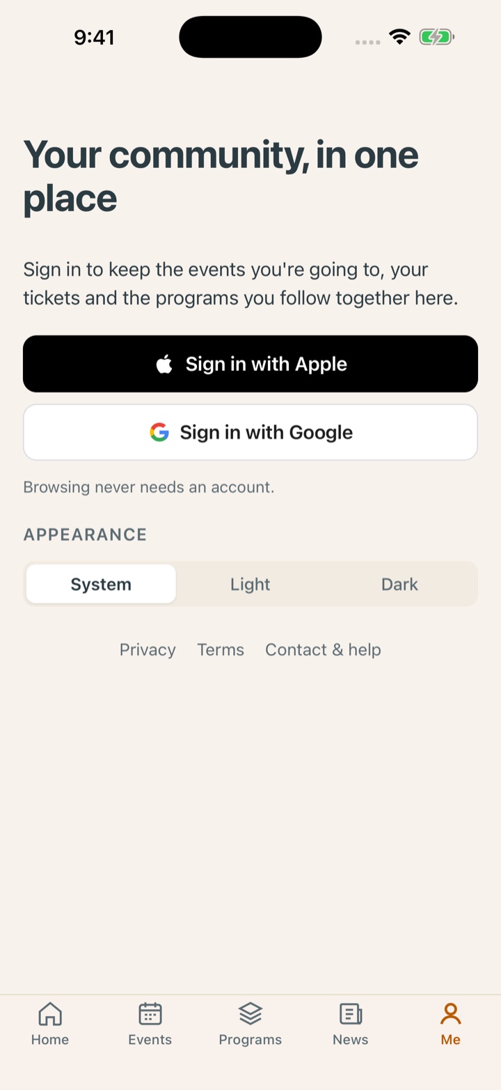 Me tab, signed out: Your community, in one place, with Sign in with Apple and Sign in with Google, and an Appearance switch for System, Light and Dark