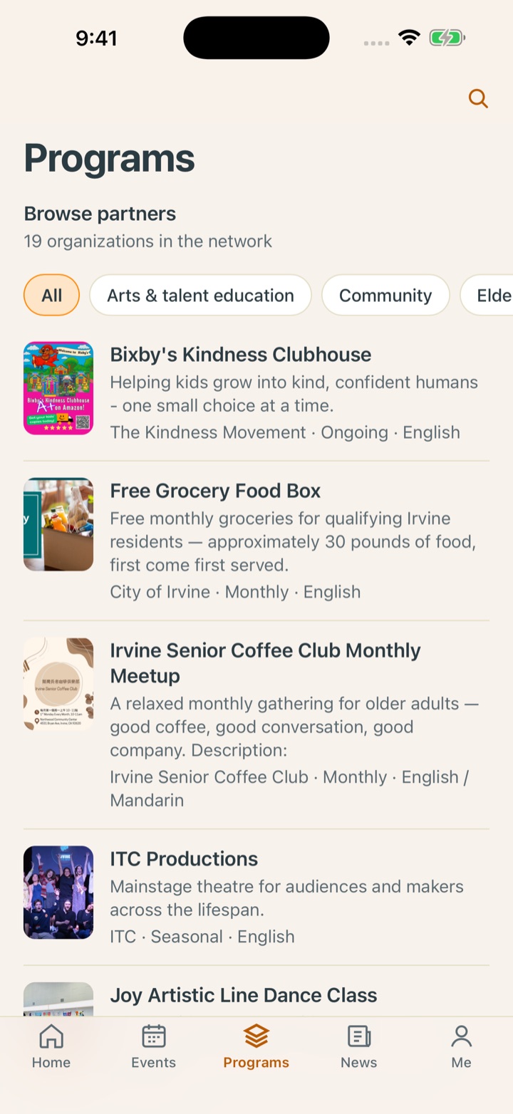 Programs tab: Browse partners, category chips, and a directory of ongoing programs with posters